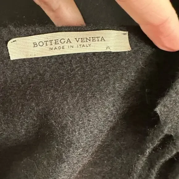 Bottega Veneta Logo Stamped Scarf Black Wool Cashmere Fringe Ends